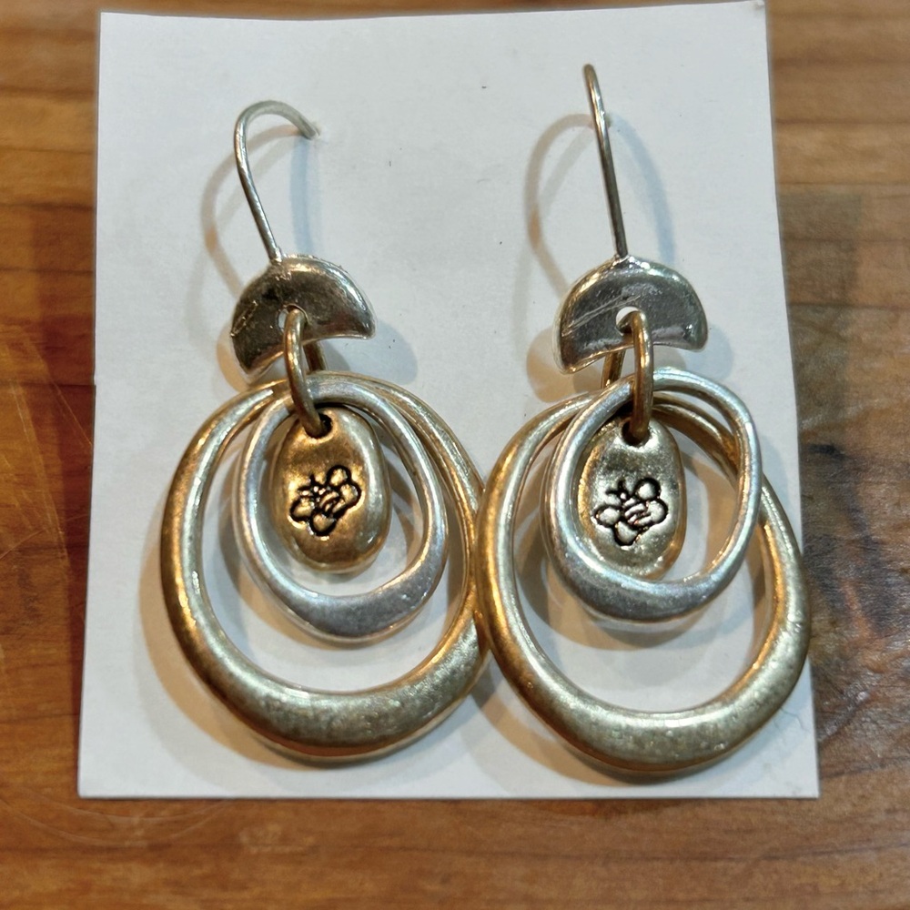 Silver and Pale Gold Toned Bee Stamped Metal Dangly Earrings